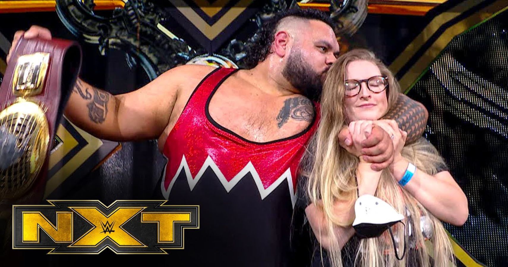New NXT North American Champion celebrates with his wife after winning the championship on NXT