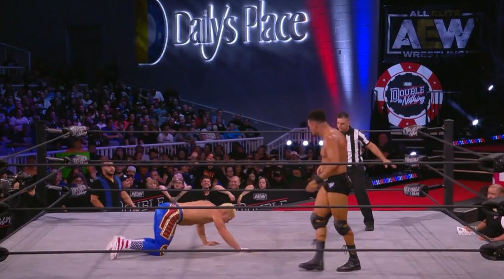 AEW stars Cody Rhodes and Anthony Ogogo during their match at Double Or Nothing 2021