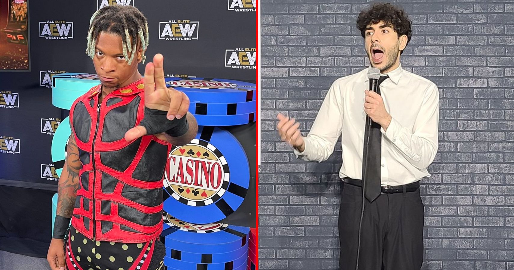 LEFT: NJPW star Lio Rush backstage at AEW Double Or Nothing RIGHT: AEW President Tony Khan talks to the press after Double Or Nothing on May 30