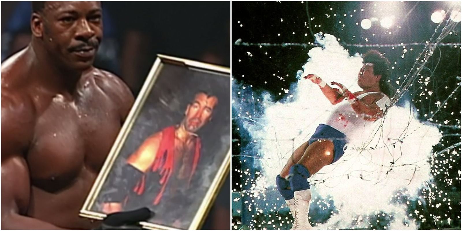 Booker T holds up picture of Scott Hall; Exploding Barbed Wire Match