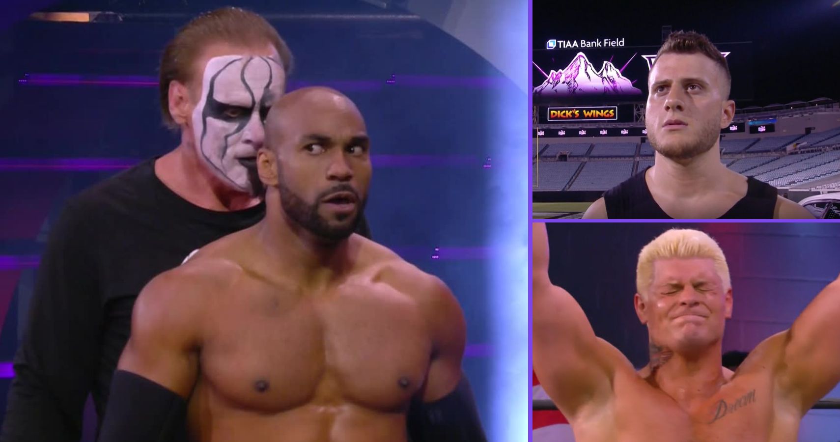 AEW stars Sting, Scorpio Sky, MJF, and Cody Rhodes during Double Or Nothing 2021