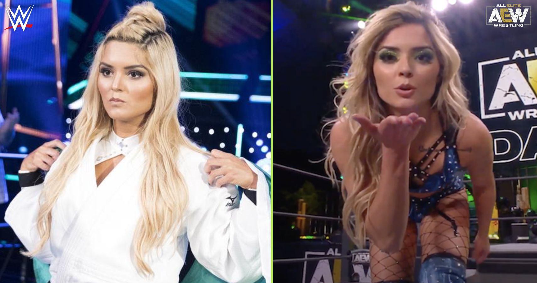 Left: Tay Conti during her entrance at a WWE event Right: Tay Conti on an AEW program