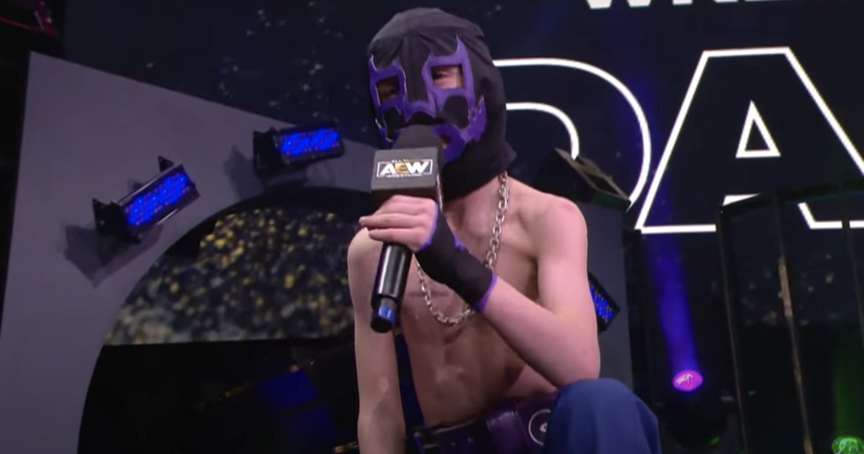 Brodie Huber Jr aka Negative 1 with comemorating the death of his late father Jon Huber aka Brodie Lee on AEW Dynamite