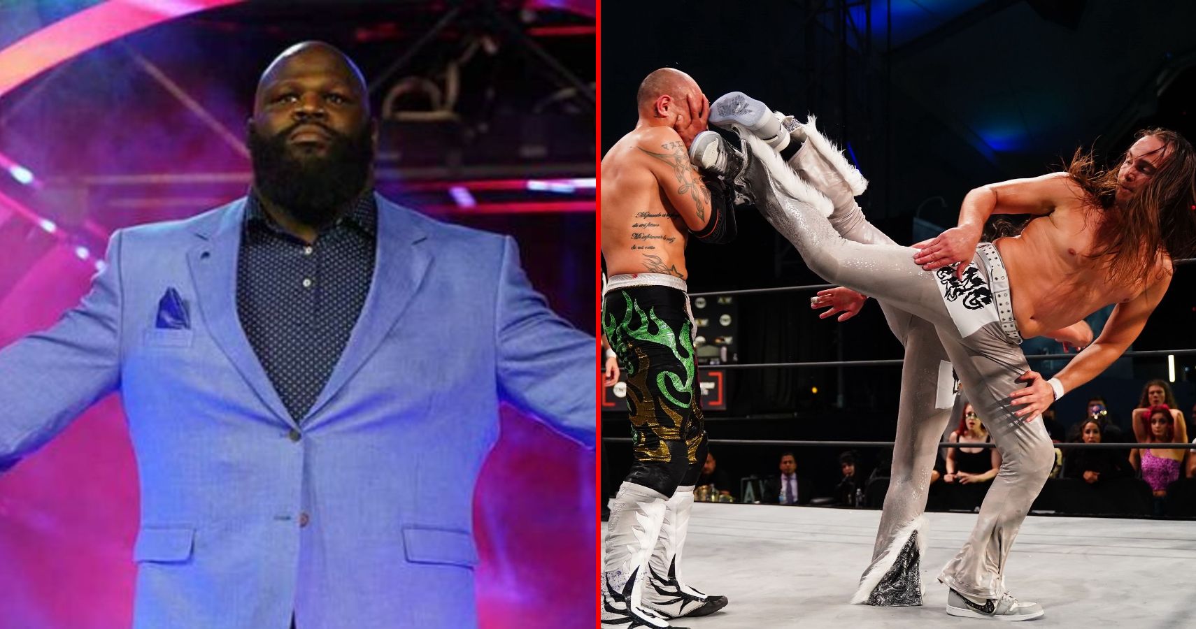 LEFT: WWE Hall of Famer Mark Henry debuts for AEW at Double Or Nothing // RIGHT: The Young Bucks perform tandem super kicks on AEW Dynamite