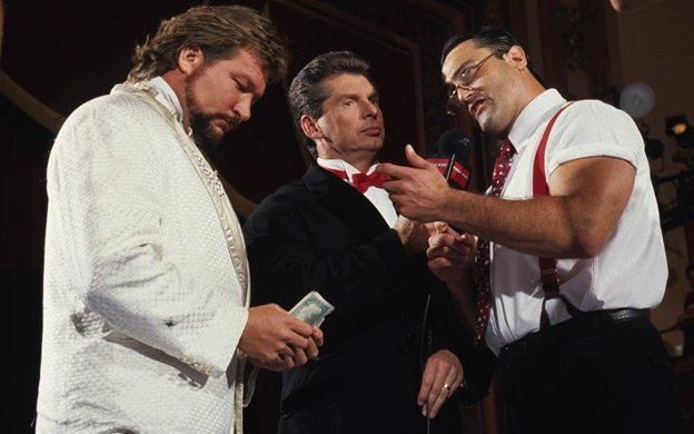 Ted Dibiase and Irwin R. Schyster are interviewed by Vince McMahon in WWF