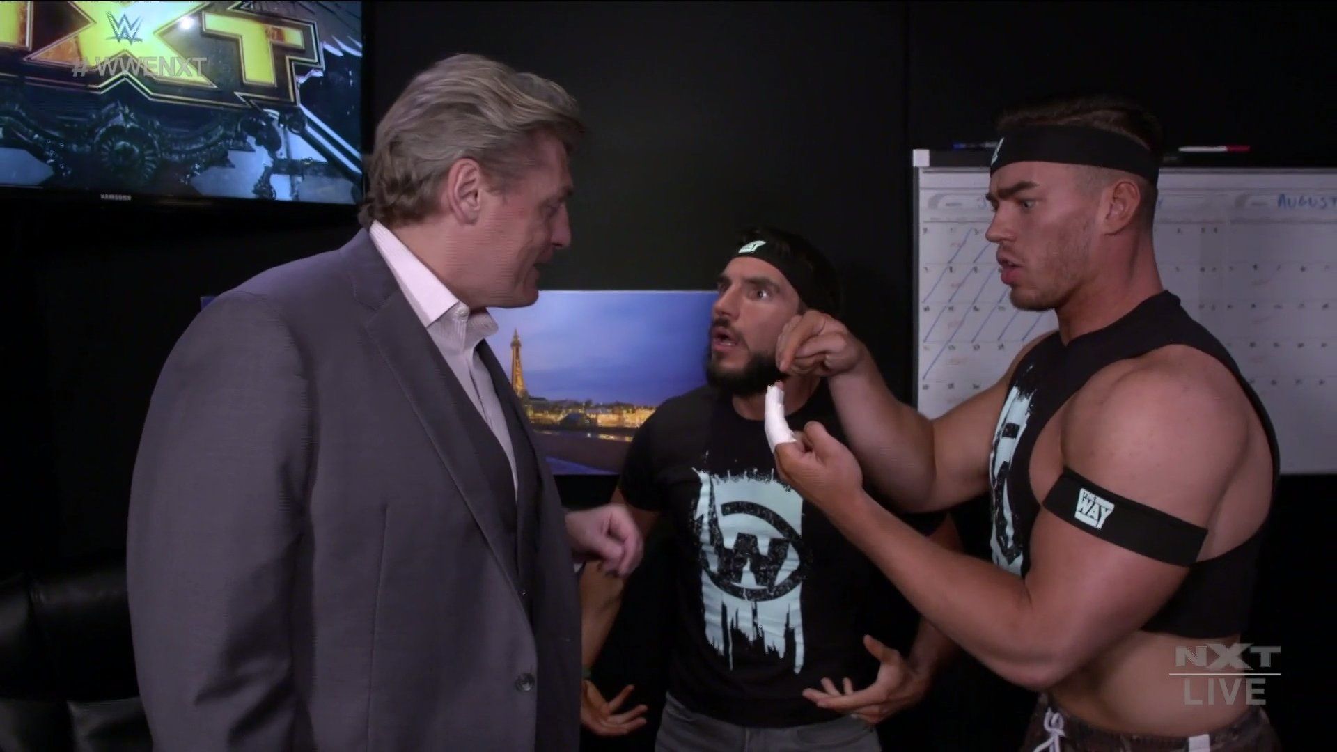 NXT General Manager William Regal with NXT Superstars Johnny Gargano and Austin Theory of The Way on NXT June 22, 2021
