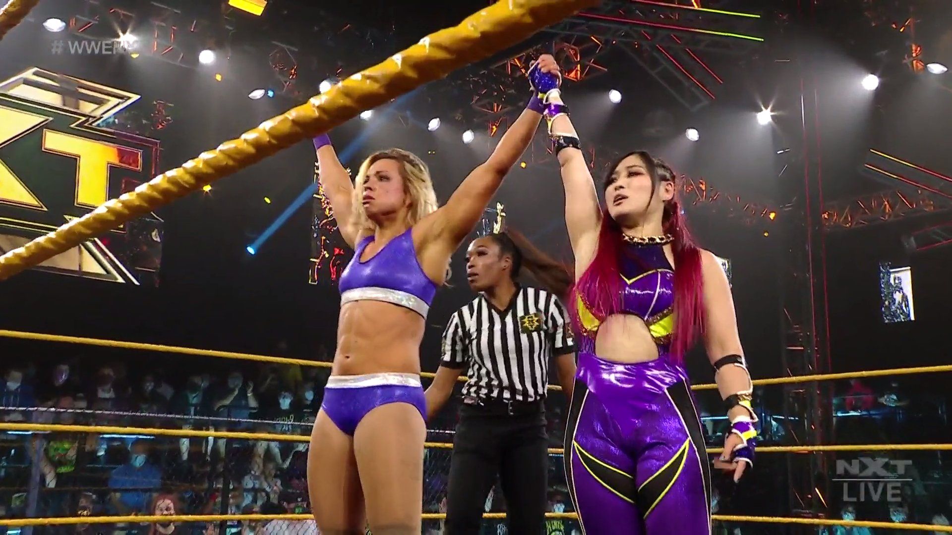 NXT Superstars Io Shirai and Zoey Stark following their win on the June 22, 2021 edition of NXT