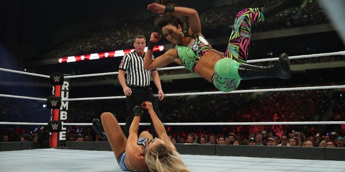 Bayley hitting an Elbow Drop on Charlotte