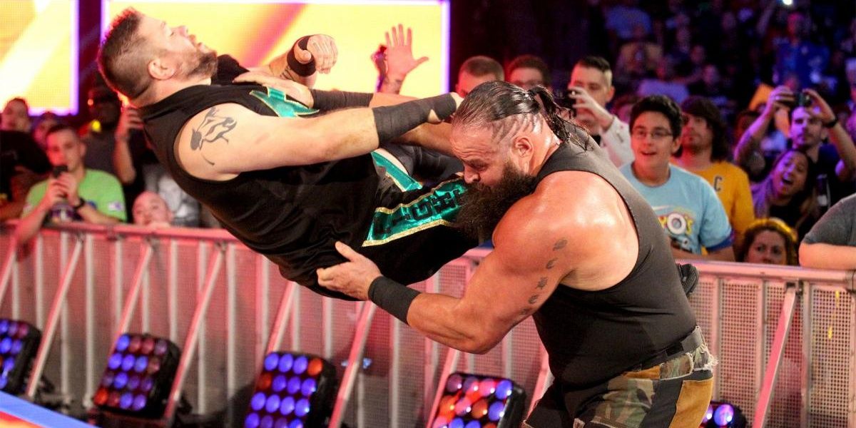 Braun Strowman Chokeslamming Kevin Owens at SummerSlam 2018