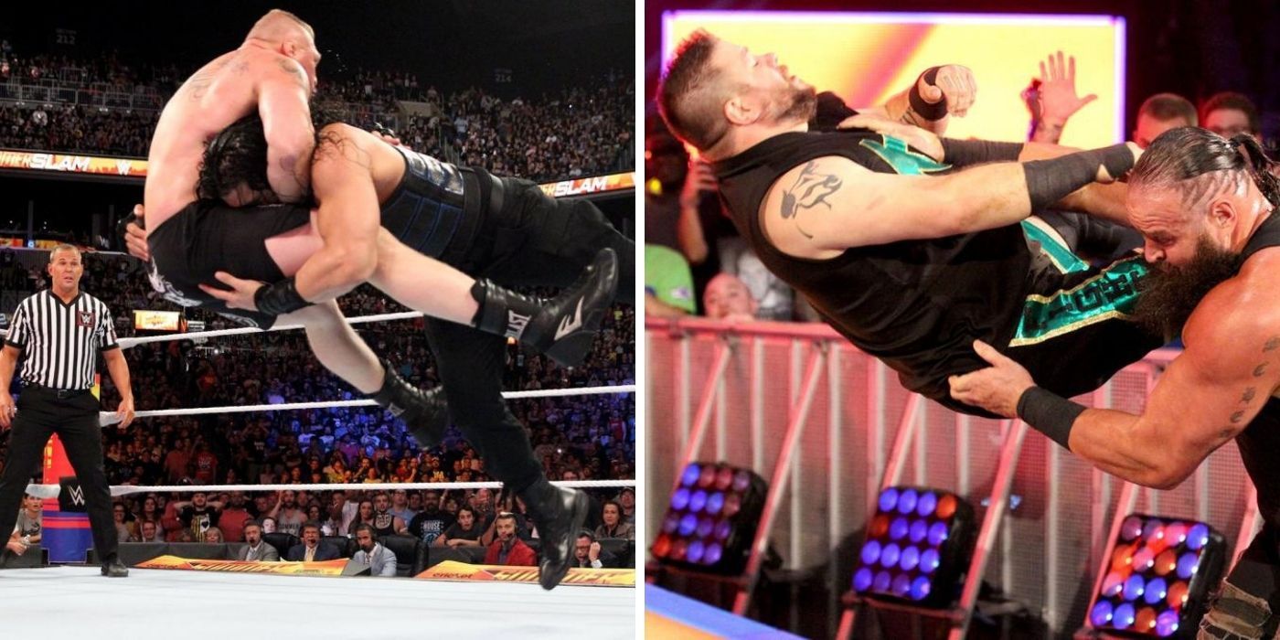 Reigns spearing Lesnar and Strowman chokeslam Owens