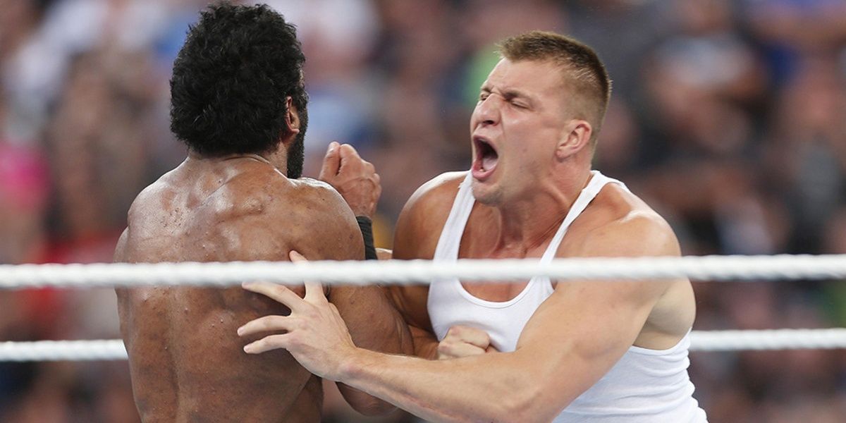 Rob Gronkowski attacking Jinder Mahal at WrestleMania 33 