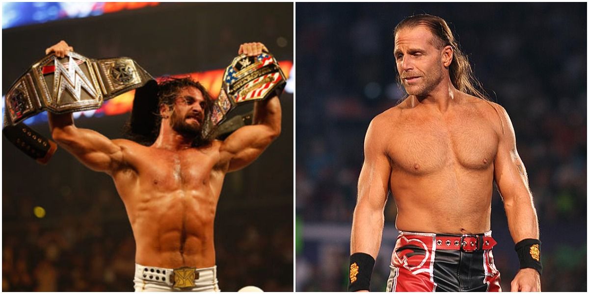 Seth Rollins with belts and Shawn Michaels
