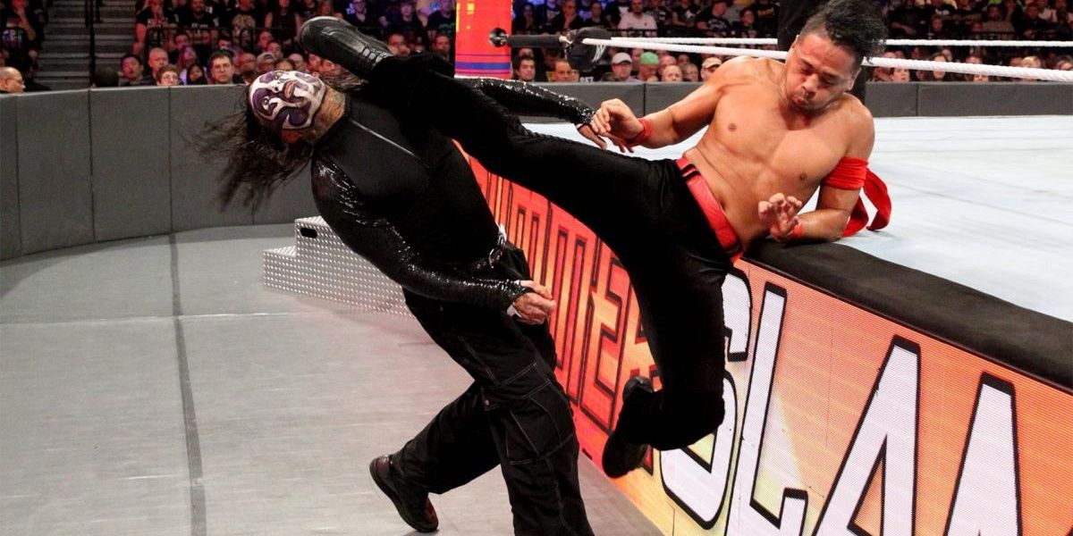 Shinsuke Nakamura kicking Jeff Hardy at SummerSlam 2018 