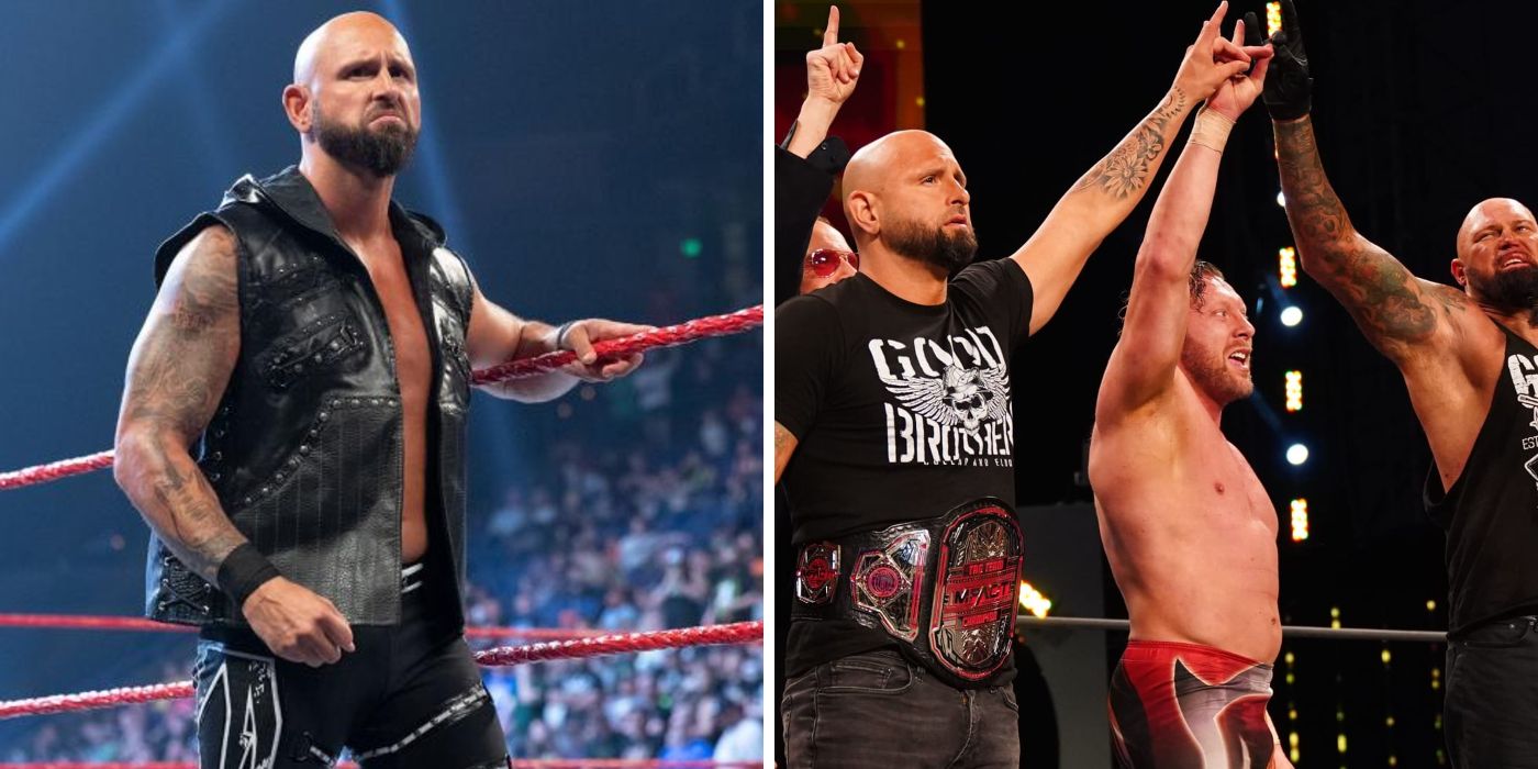 LEFT: Karl Anderson in WWE // RIGHT: Karl Anderson with Kenny Omega and Doc Gallows in AEW