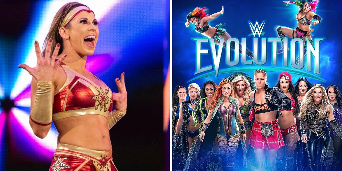 LEFT: Former WWE Superstar Mickie James in WWE // Right: The poster for WWE's all-female Evolution pay-per-view
