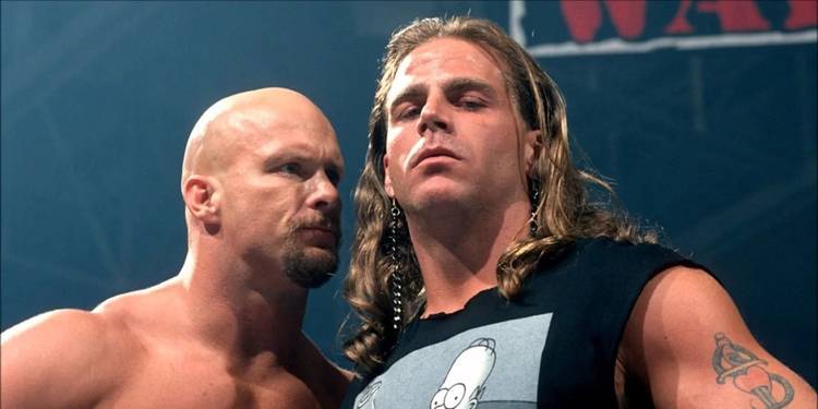 Stone Cold Steve Austin staring at Shawn Michaels