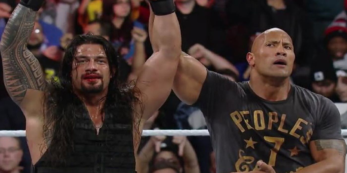 the Rock and Roman Reigns at Royal Rumble 2015