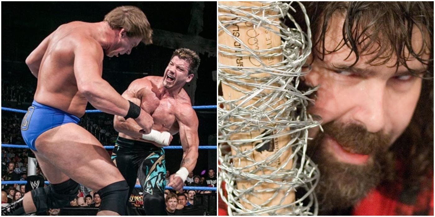 Eddie Guerrero vs JBL and Mick Foley with a barbed wire bat