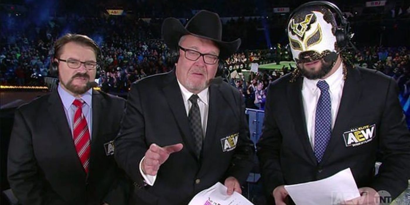 AEW announcers Tony Schiavone, Jim Ross, and Excalibur at the AEW commentary desk