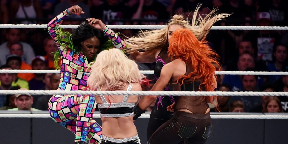 Becky Lynch, Naomi and Carmella v Natalya, Alexa Bliss and Nikki Bella SummerSlam 2016 Cropped