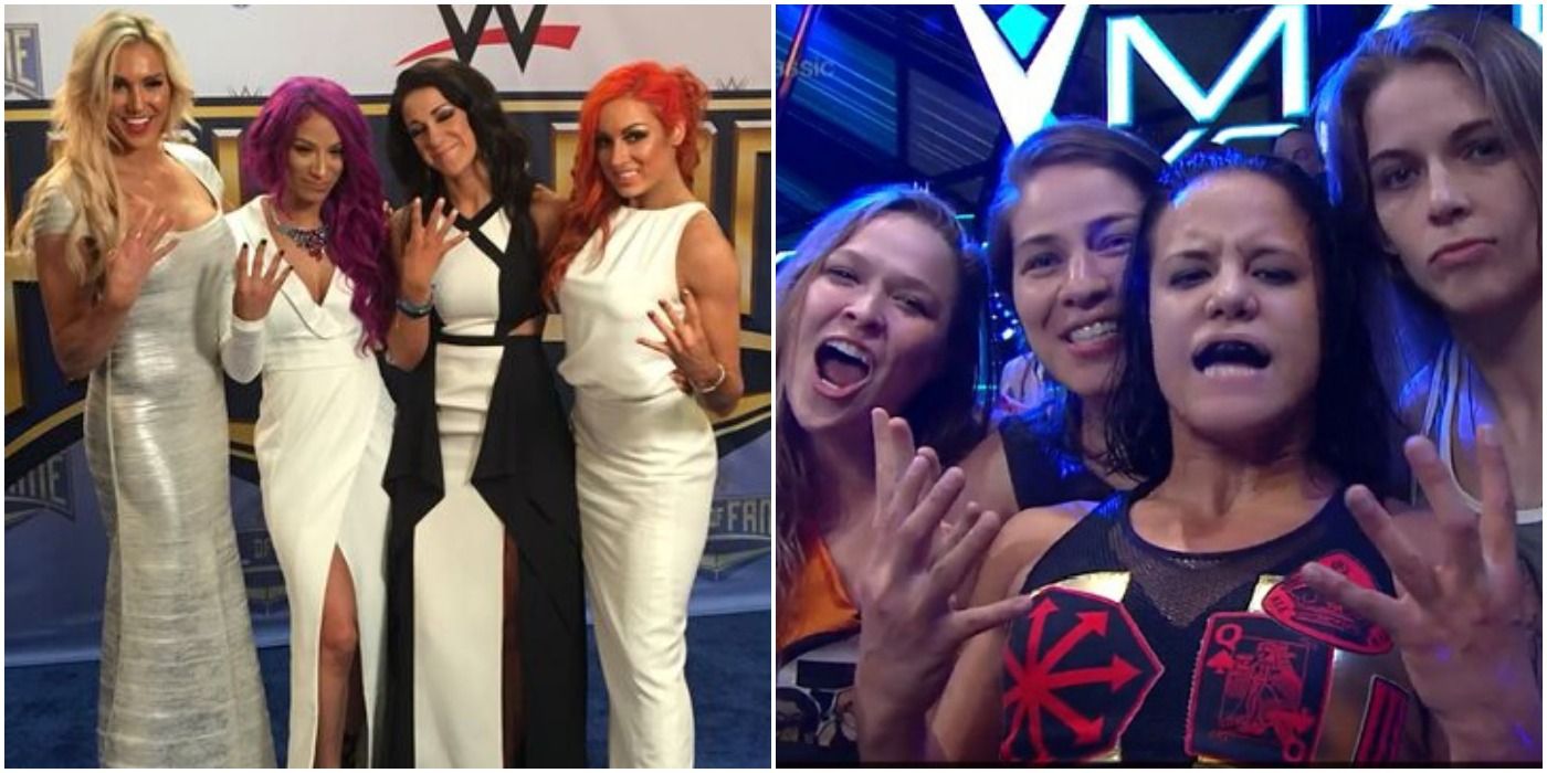 Split Image Of WWE's Four Horsewomen and MMA's Four Horsewomen