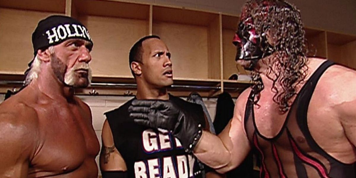 Hulk Hogan, The Rock, and Kane backstage together Cropped