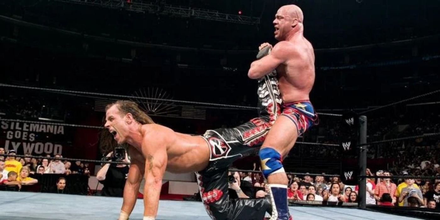 Kurt Angle vs Shawn Michaels at WrestleMania 21.
