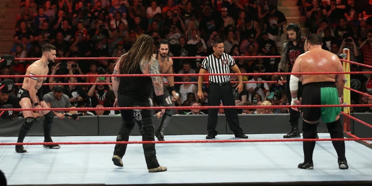 Samoa Joe v Finn Balor v Roman Reigns v Bray Wyatt v Seth Rollins Extreme Rules 2017 Cropped