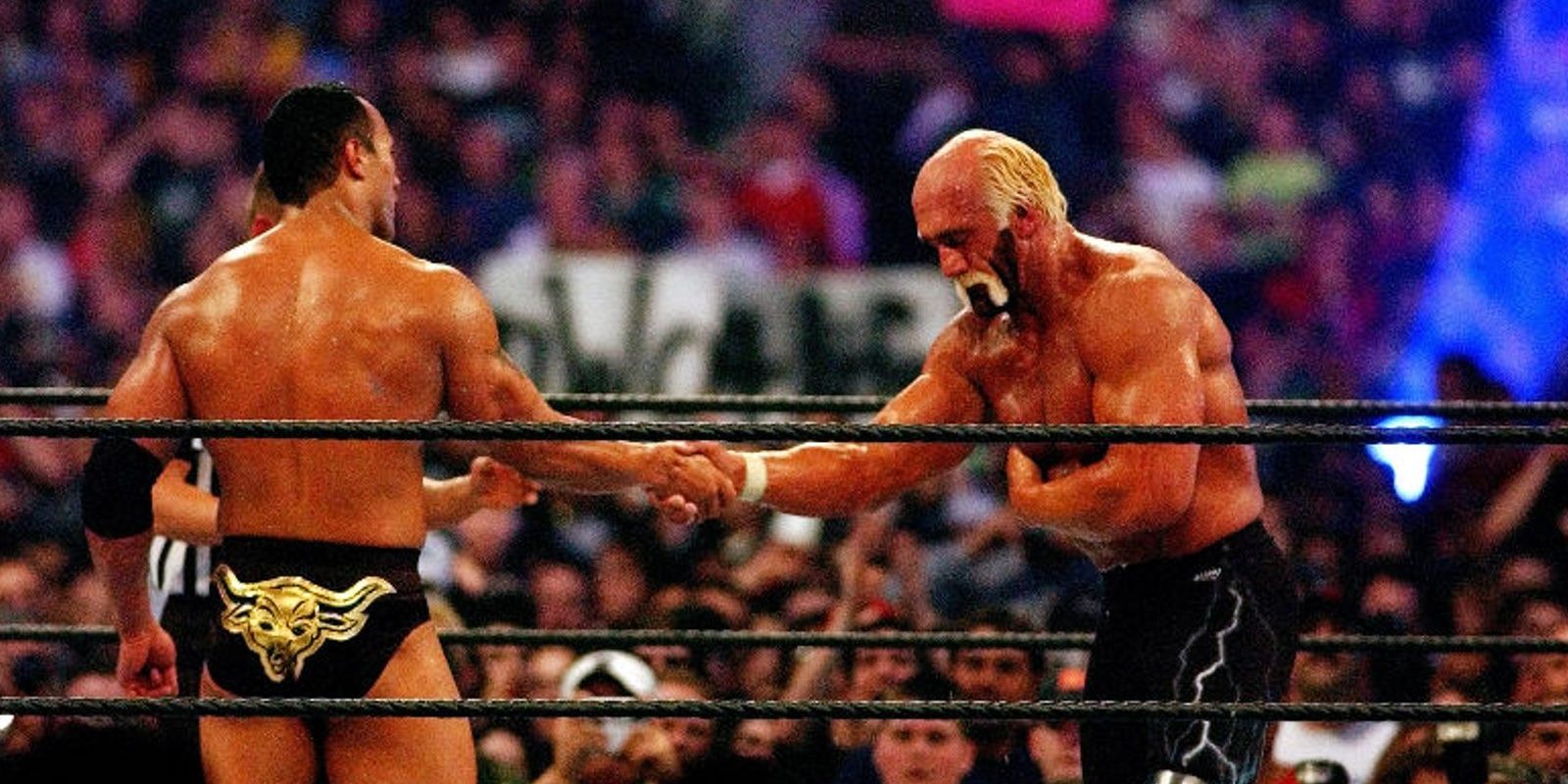 The Rock and Hulk Hogan shake hands Cropped