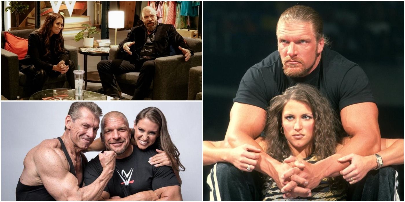 Triple H and Stephanie McMahon sitting and in ring. Also posing with Vince for photoshoot