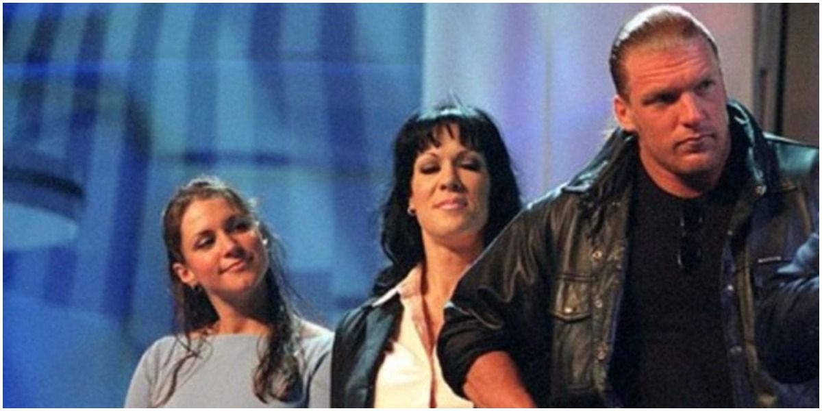 Triple H with Stephanie and Chyna on ring ramp 