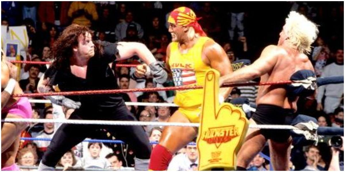 The Undertaker and Hulk Hogan wrestling at the 1992 Royal Rumble with Ric Flair in the corner