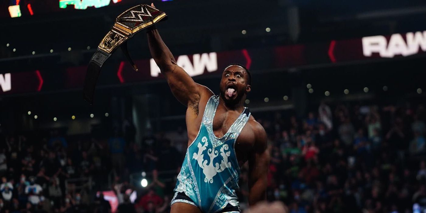 Big E after winning the WWE Championship from Bobby Lashley on the September 13, 2021 edition of Monday Night Raw