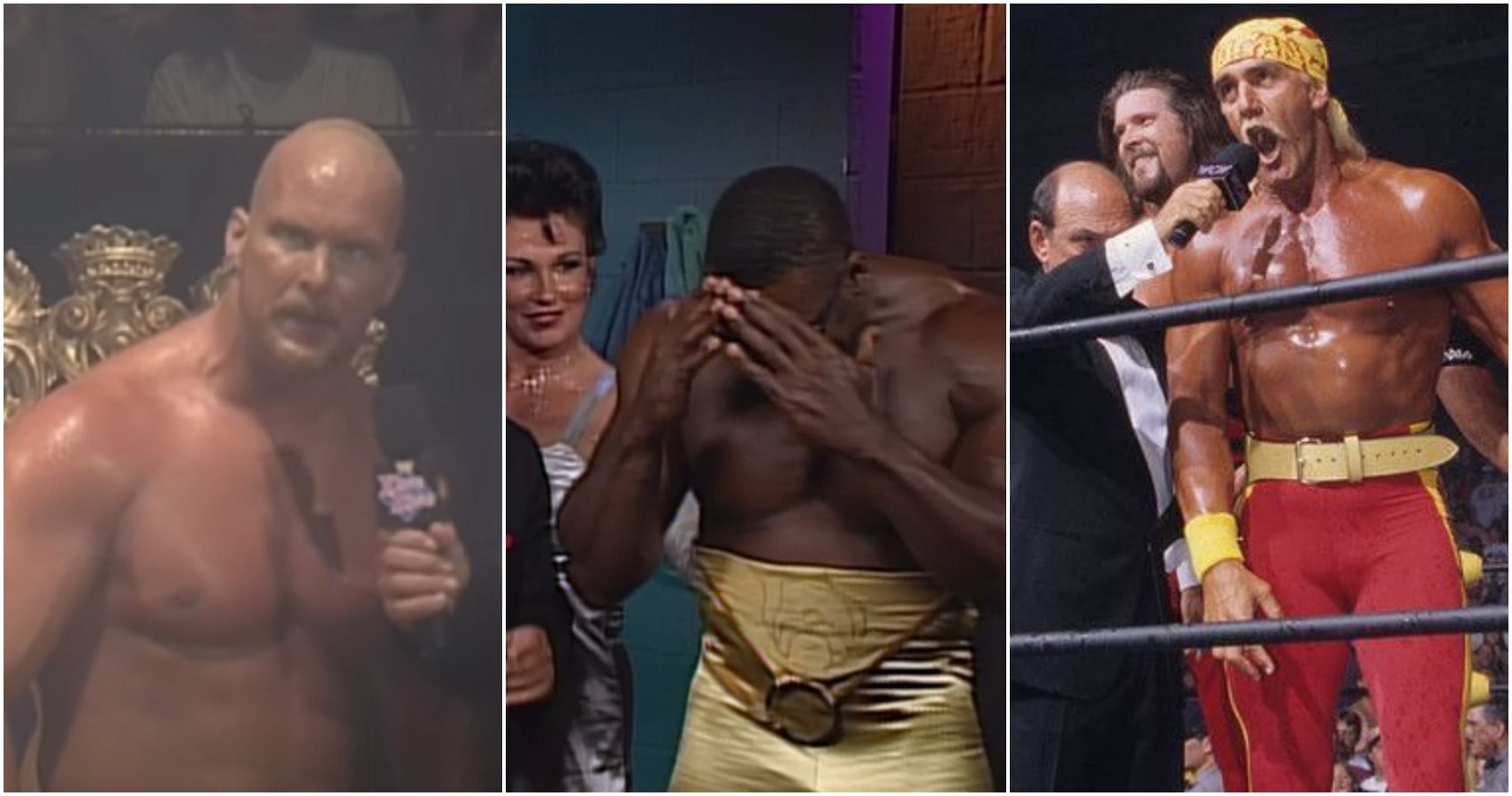 A collage of Steve Austin at King of the Ring 1996, Booker T at Spring Stampede 1997, and Hulk Hogan at Bash at The Beach 1996