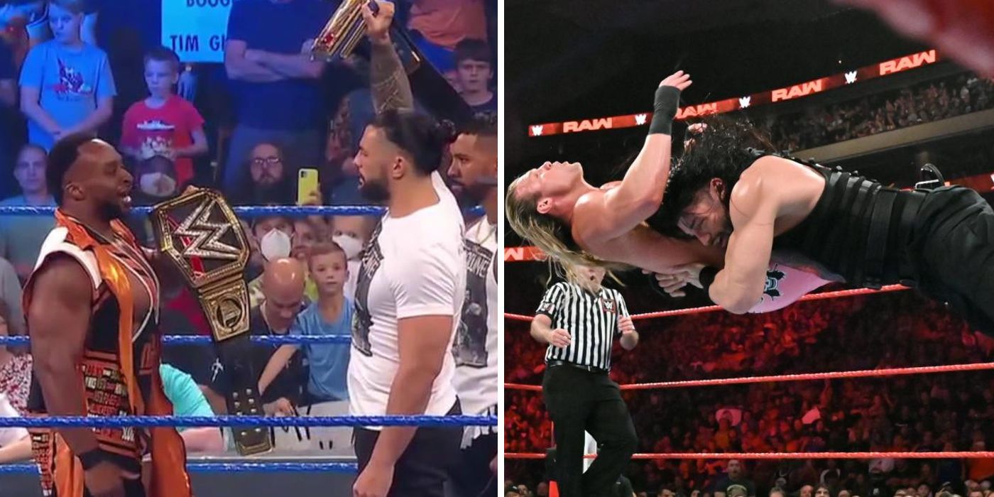LEFT: Roman Reigns and Big E on the September 17, 2021 edition of SmackDown on Fox // RIGHT: Roman Reigns and Dolph Ziggler on the August 19, 2019 edition of Monday Night Raw