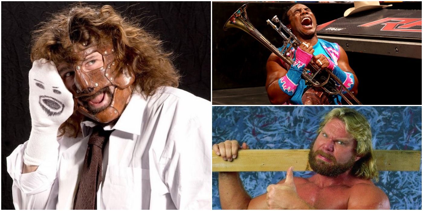 Wrestlers and their props: Mankind (aka Mick Foley), Xavier Woods, and Jim Duggan