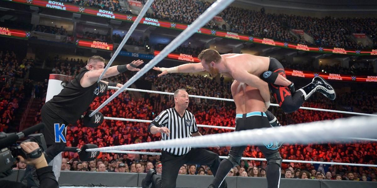 AJ Styles v Kevin Owens and Sami Zayn Royal Rumble 2018 Cropped