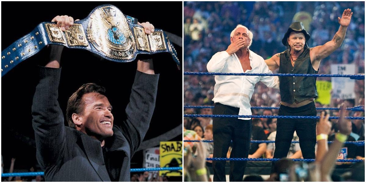 Arnold Schwarzenegger with belt in ring and Mickey Rourke with Ric Flair arm raised in ring at WrestleMania 25
