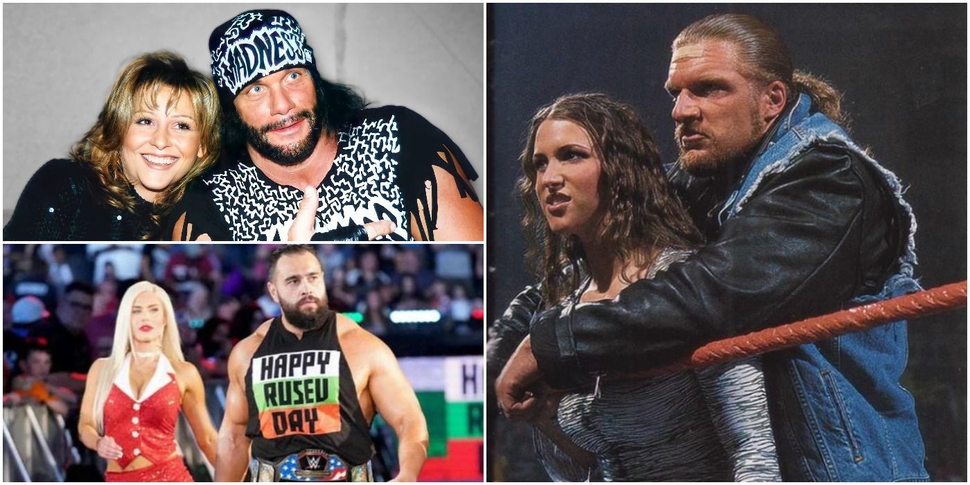 Randy Savage & Miss Elizabeth posing for picture; Triple H and Stephanie McMahon in ring on ring ropes; Lana and Rusev with belt walking to ring on ramp