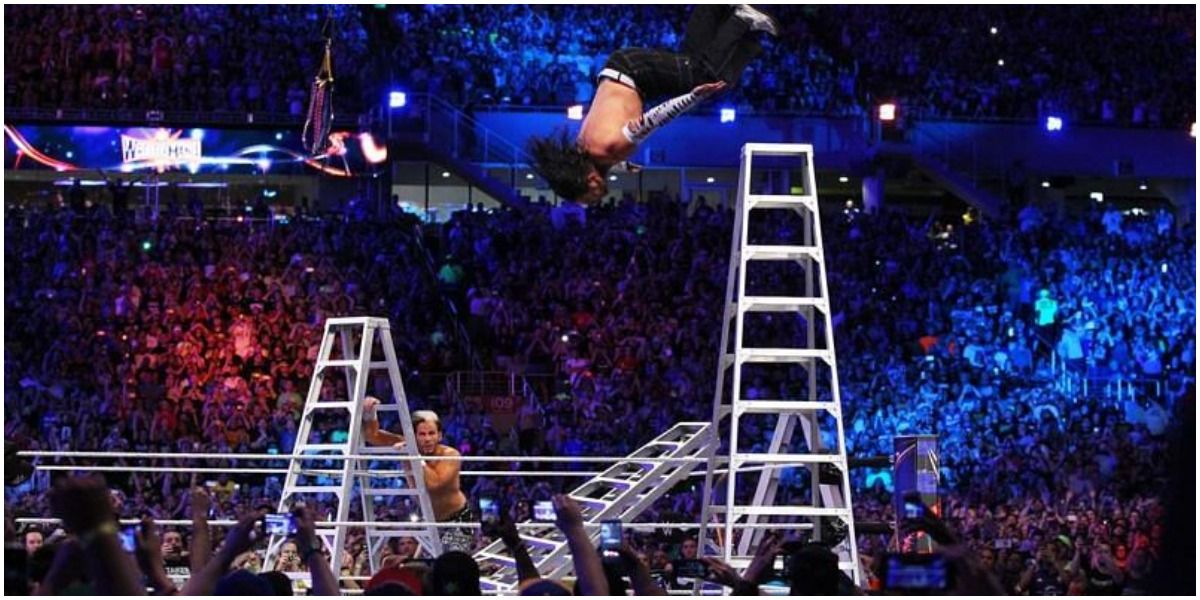 Jeff Hardy jumping off ladder at WrestleMania 33