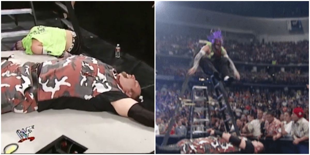 Jeff Hardy leaping off ladder through Bubba Ray on announce table