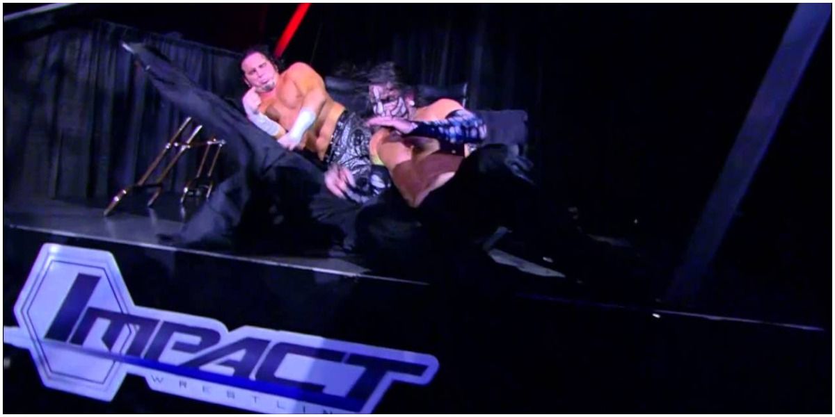 Jeff Hardy and Matt Hardy after Jeff put matt through table