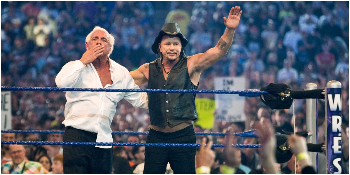 Mickie Rourke in ring with Ric Flair at WrestleMania