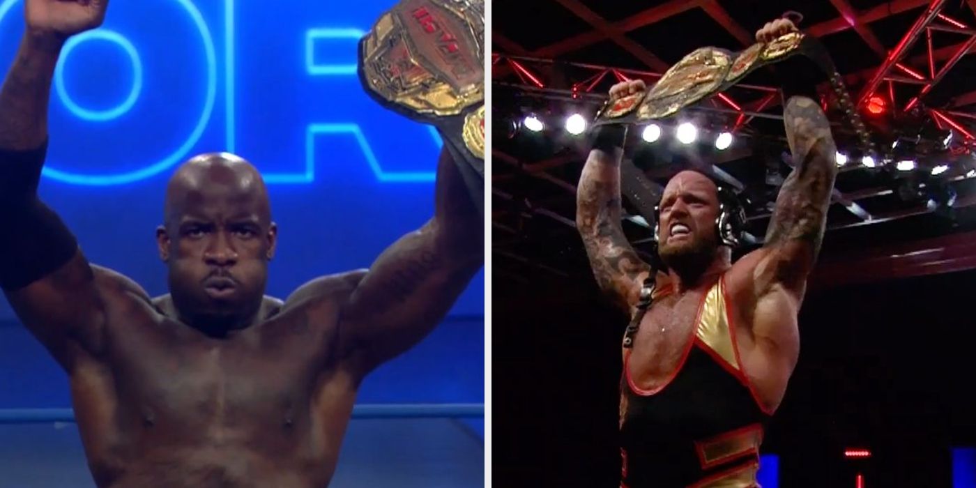 Moose and Josh Alexander with the Impact Wrestling World Championship at Bound For Glory 2021.