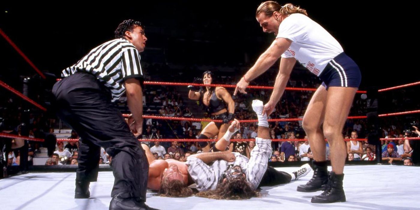 Shawn Michaels and Shane McMahon referring the Mankind vs Triple H WWE match