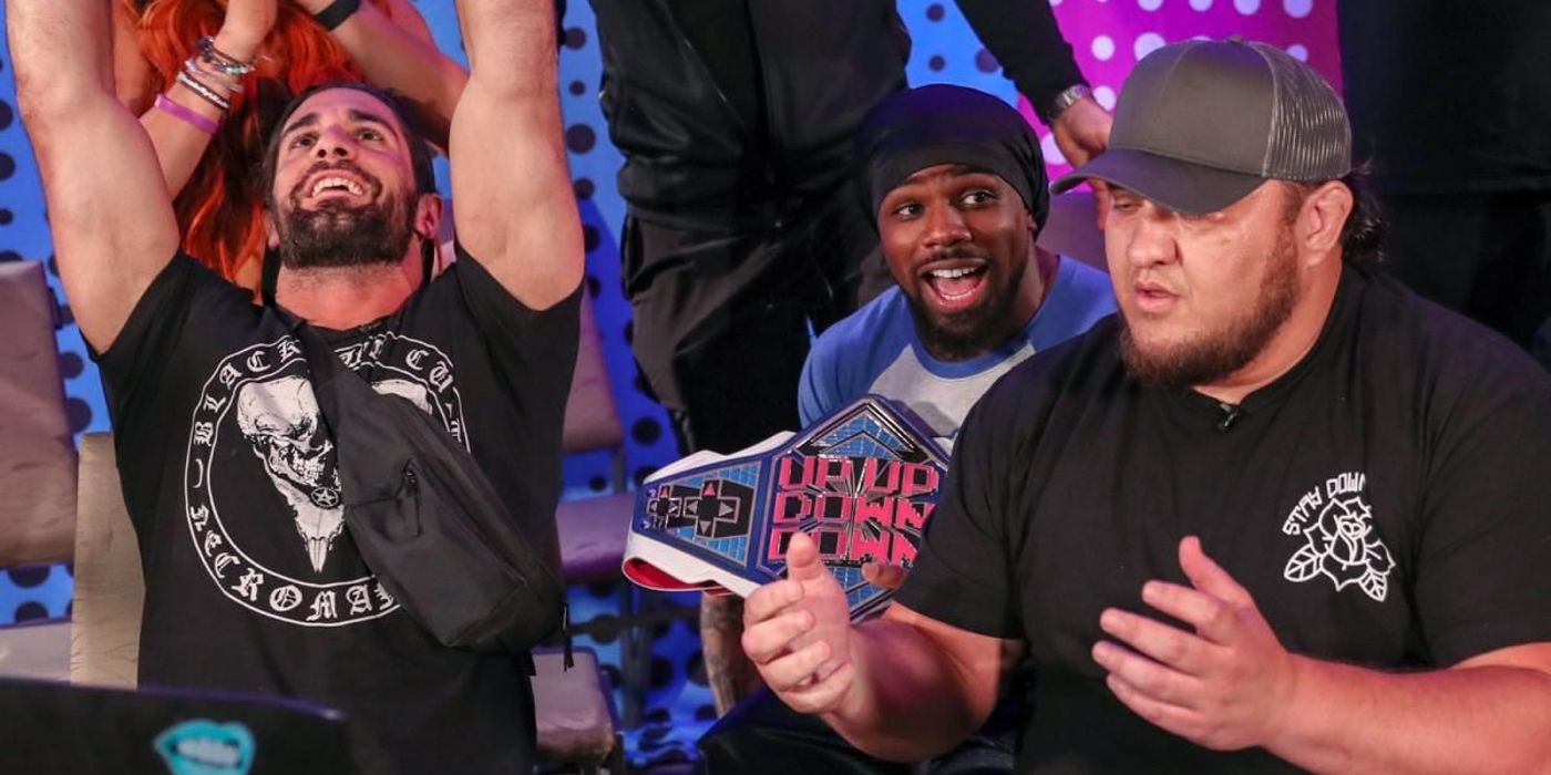 Seth Rollins, Xavier Woods, and Samoa Joe on UpUpDownDown