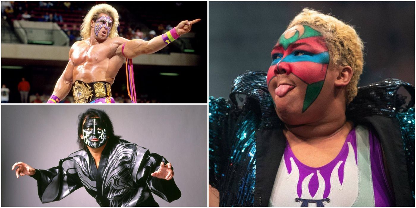 Iconic wrestler face paint, including Ultimate Warrior, Great Muta, and Aja Kong