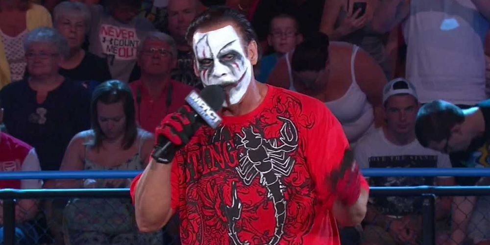 Sting cuts a TNA promo with his Joker character