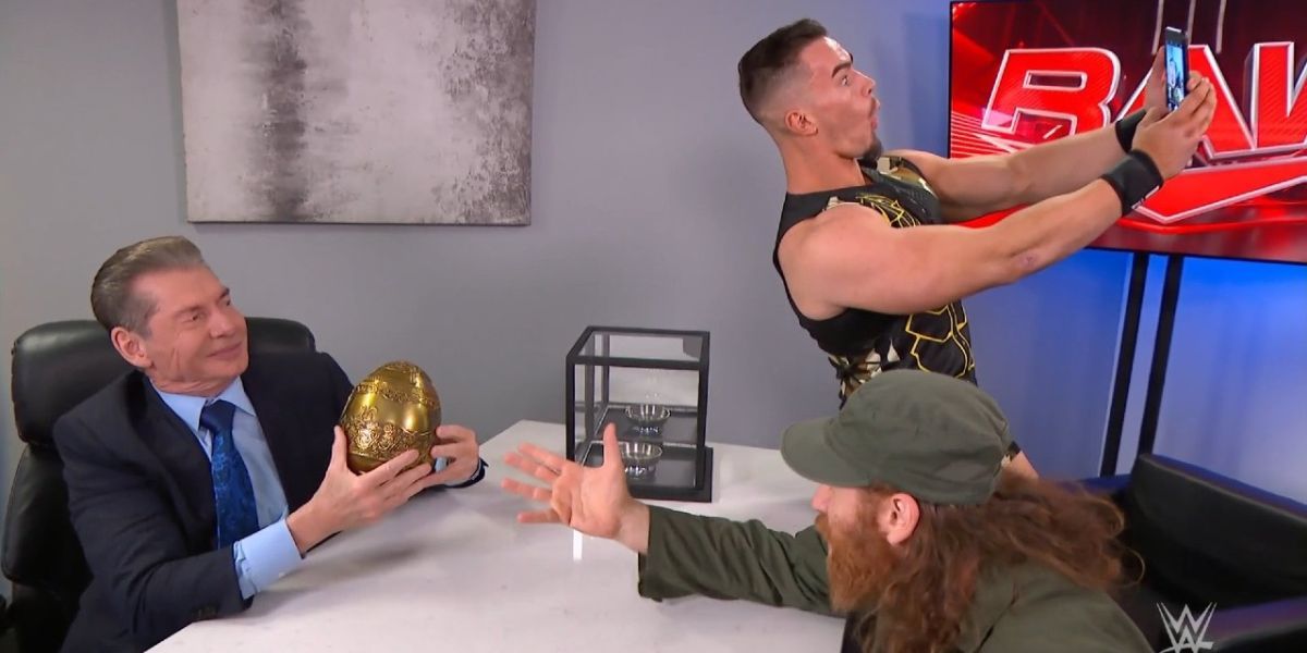 Vince McMahon Austin Theory Sami Zayn in a segment