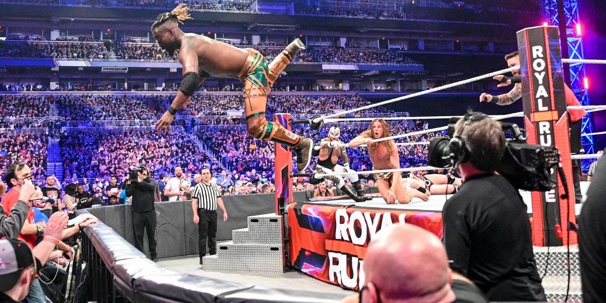 Kofi Kingston after getting thrown from over the top rope 